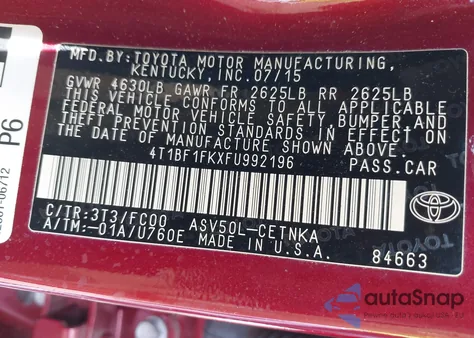 2015 Toyota Camry Le from USA, damaged, VIN 4T1BF1FKXFU992196